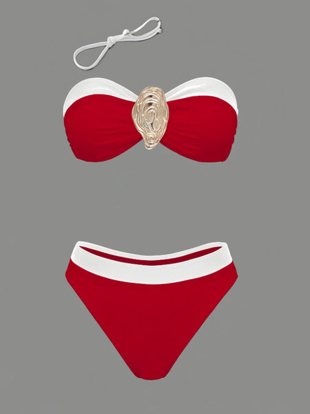 Red Solid Bikini Set Beach Skirt