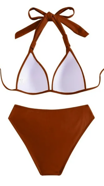 High Waist Split Triangle Hanging Neck Bikini Swimsuit Brown