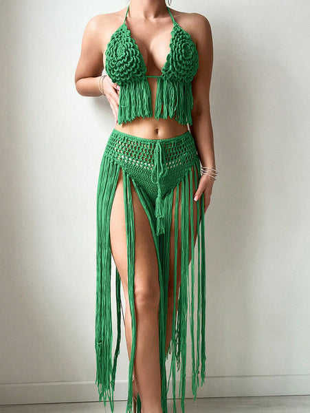 Green Solid Crochet Tassel Halter Top With High Waisted Skirt