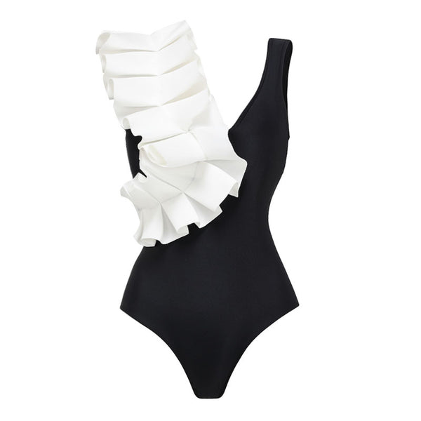 Black Polka Dots Ruffle One Piece Swimsuit With Beach Skirt
