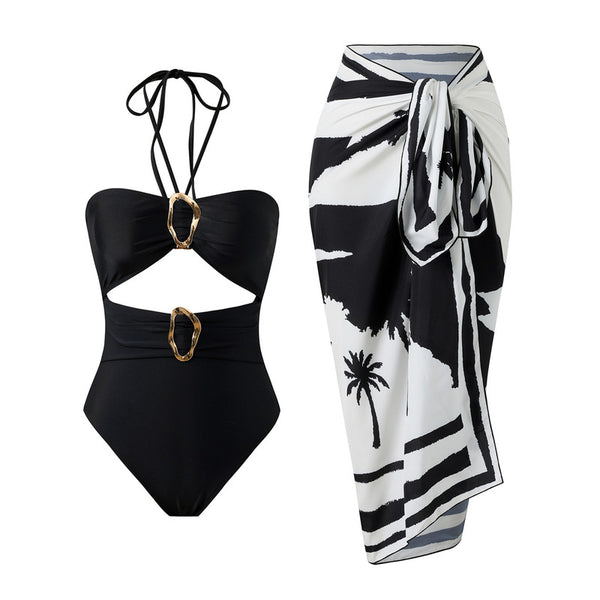 Black Tropical Cut Out One Piece Swimsuit With Sarong