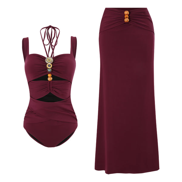 Maroon Solid Cut Out One Piece Swimsuit With Beach Skirt