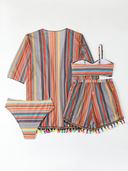 Multicolor Abstract Bikini Set Shirt Cover-Up Beach Shorts