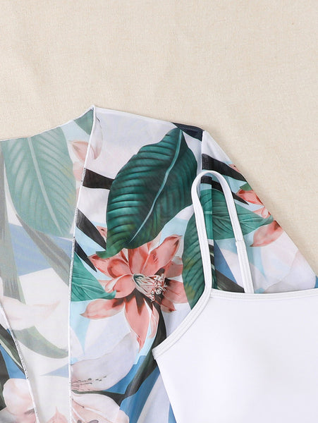Floral Print Camisole Tank Top with Solid Color Flared Pants and Mid-Length Chiffon Blouse Sky Blue