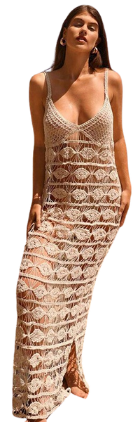 Brown Solid Hollow Crochet Spaghetti Strap Beach Dress