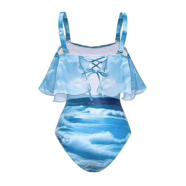 Nature Print Shoulder Strap One Piece Siwmsuit with Cover up Blue