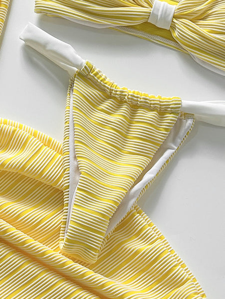 Yellow Solid Thong Bikini Set Beach Skirt