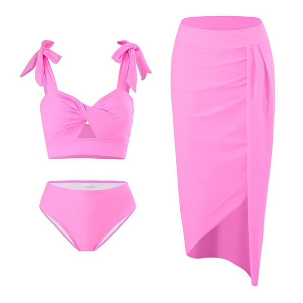 Ruched Tied Three-Piece Bikini Set Pink