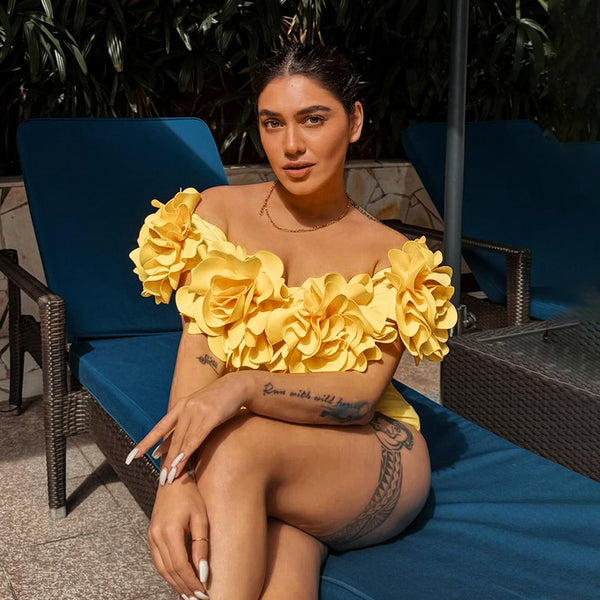 Flora Print V-Neck One Piece Flower Decor Swimsuit With Cover Up Yellow