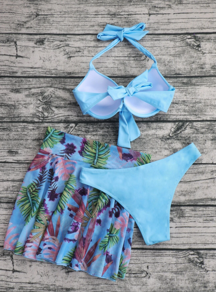 Blue Knot Push Up Bikini Swimsuit & Plant Print Beach Skirt