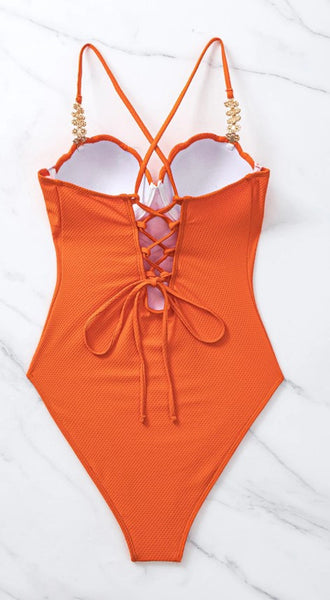 One Piece Textured Swimsuit Halter neck orange