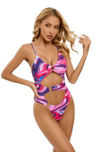Ring Llink Hollow Out V Neck One Piece Swimsuit Pink