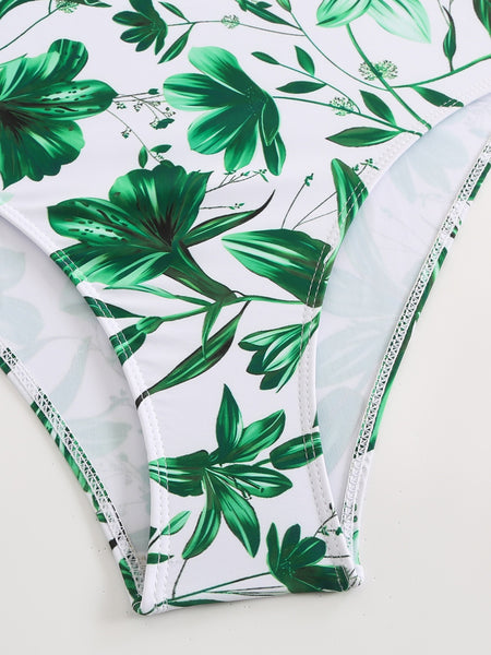 Green Floral One Piece Swimsuit With Maxi Cover Up