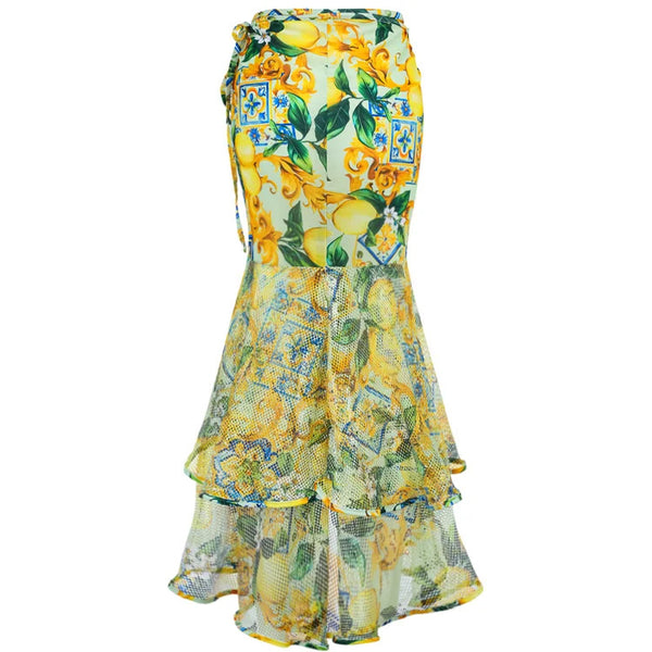 Yellow Fruit Print Underwire One Piece Swimsuit With Sarong