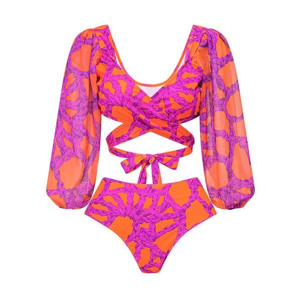Pink Abstract Wrap Bikini Set With Sarong