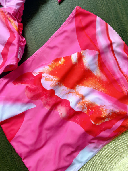 Pink Abstract Halter One Piece Swimsuit With Beach Skirt
