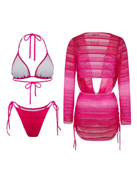 Pink Tie Dye Halter Bikini Set With Long Sleeve Cover Up & Beach Skirt