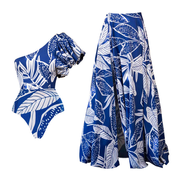 Blue Tropical One Shoulder One Piece Swimsuit With Beach Skirt