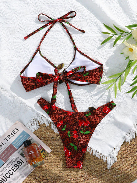 Red Mixed Print Halter Bikini Set