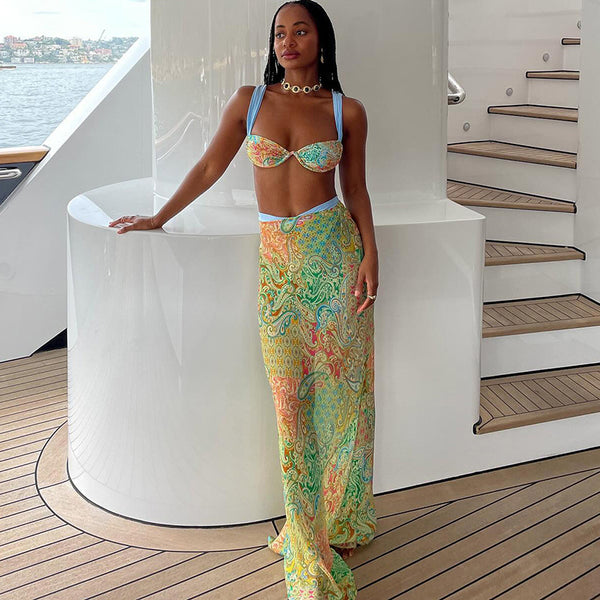 Multicolor Paisley Brazilian Bikini Set With Beach Skirt Without Pads