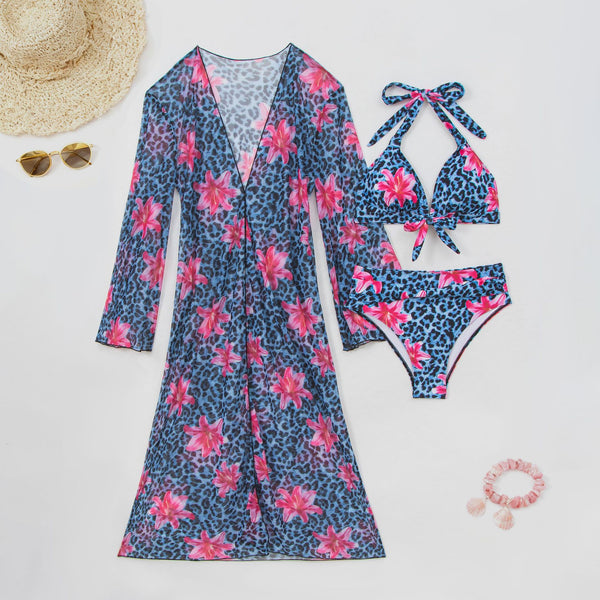 Blue Animal Print Halter Bikini Set With Long Sleeve Shrug Cover Up