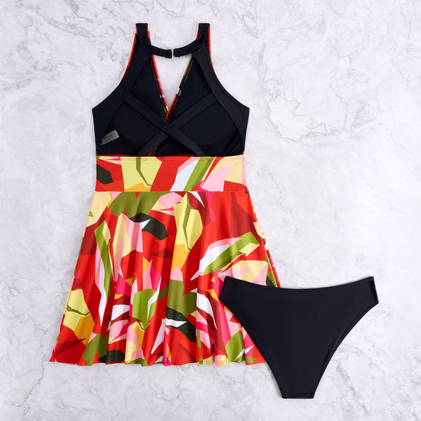 V Neck Tropical Print Tankini Two-Piece Swimsuit Multicolor