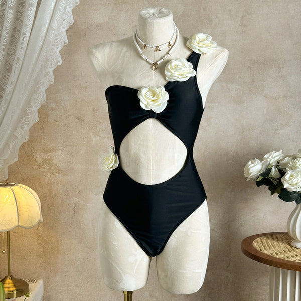Black Solid One Shoulder One Piece Swimsuit