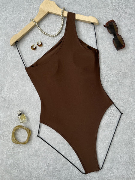 Brown Solid One Shoulder One Piece Swimsuit