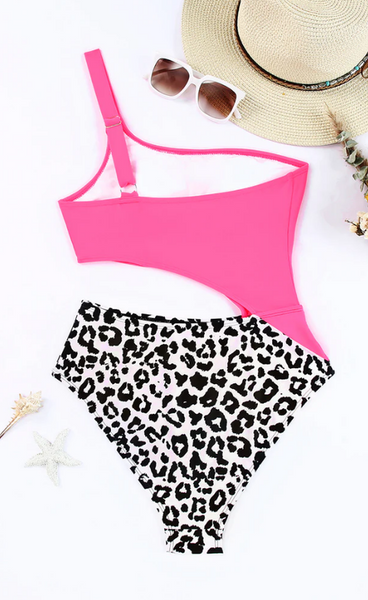 Rose Leopard Patchwork Asymmetric Cutout One Piece Swimsuit Pink