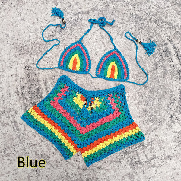 Sky Blue Halter Neck Strap High Waist Boxer Knitted Bikini Set
