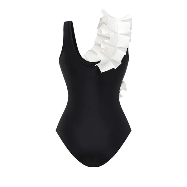 Black Polka Dots Ruffle One Piece Swimsuit With Beach Skirt