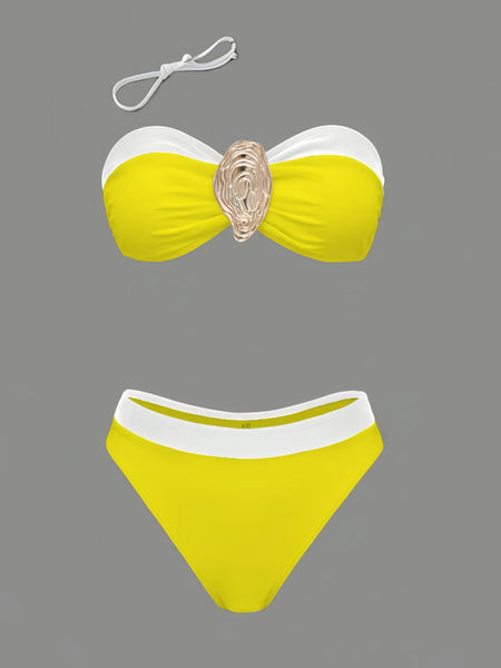 Yellow Solid Bikini Set Beach Skirt