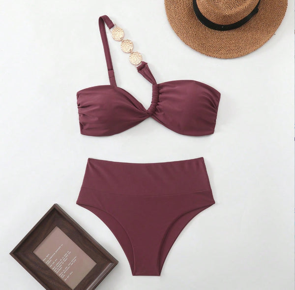 Light Maroon Solid One Shoulder Bikini Set