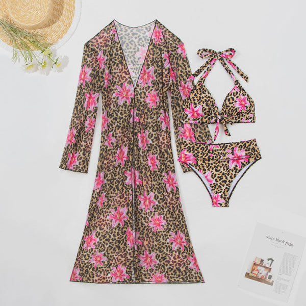 Brown Animal Print Halter Bikini Set With Long Sleeve Shrug Cover Up