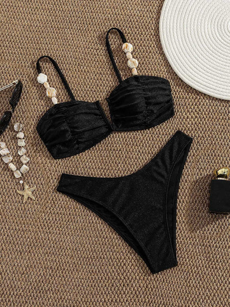 Black Solid High Leg Bikini Set