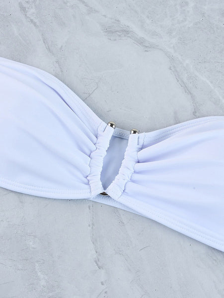 Solid Strapless Front Hook Two Piece Bikini White