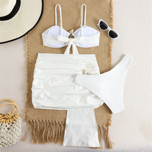 White Solid Cut Out Bikini Set With Beach Skirt