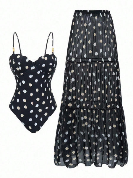 Black Polka Dots Underwire One Piece Swimsuit With Beach Skirt