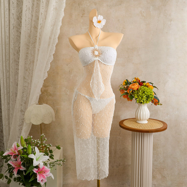 White Solid Mesh Panel Bikini Set