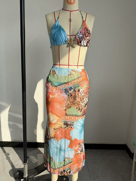 Blue Mixed Print Brazilian Bikini Set With Beach Skirt
