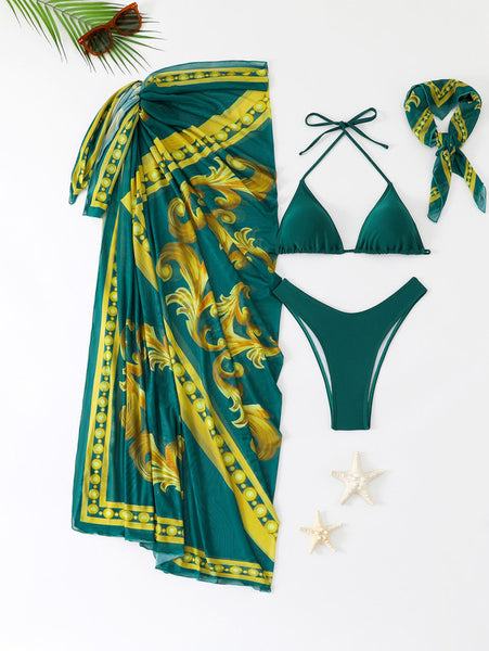 Random Print Halter Neck Four Piece Bikini Swimsuit Green