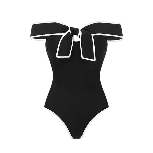 Black Solid Off Shoulder One Piece Swimsuit With Beach Skirt Set