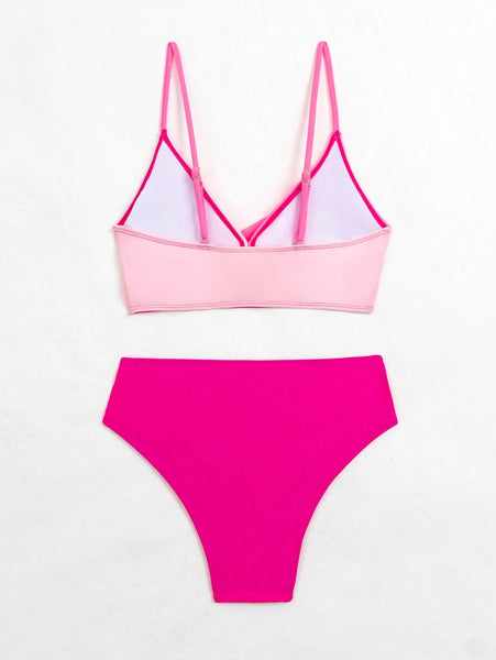 Pink Solid High Waisted Bikini Set