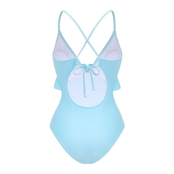 Sky Blue Solid Ruffle One Piece Swimsuit With Beach Skirt