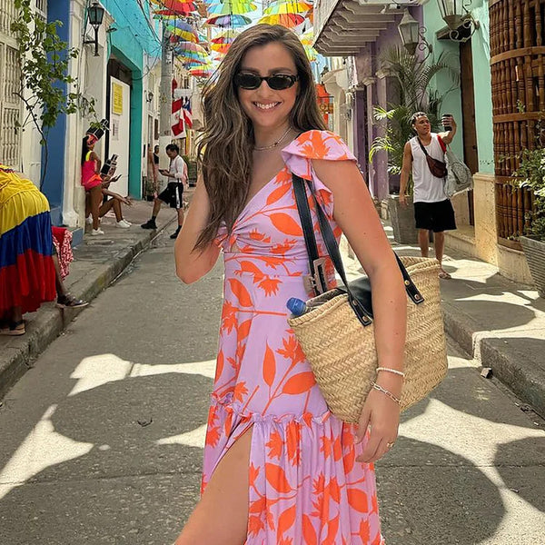 Tropical Print Shoulder Straps One Piece Swimsuit With Cover Up Pink
