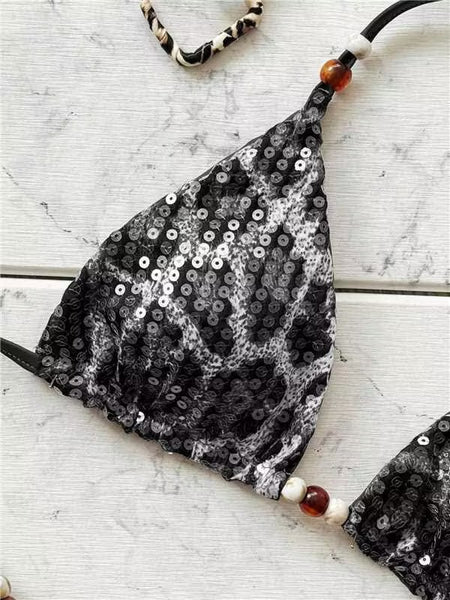 Black Animal Print Halter One Piece Swimsuit