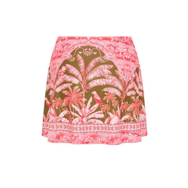 Tropical Print V-neck Flower Decor One Piece Swimsuit With Skirt Pink