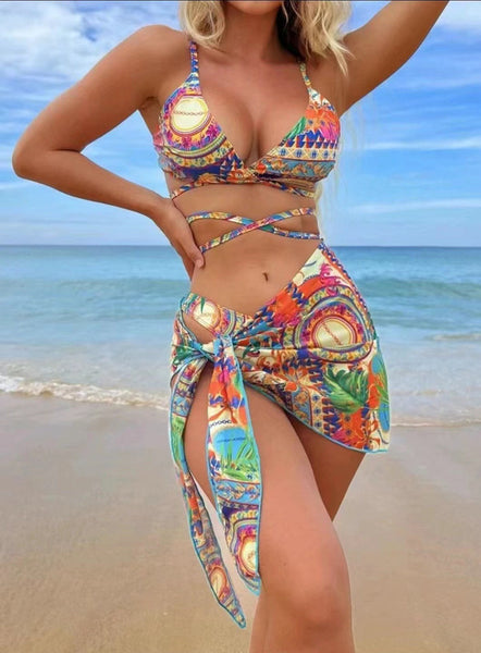 All Over Print Bikini Set Lace Up Backless Triangle Bra with Bottom And Tie Front Beach Skirt 3 Piece Swimsuit Green