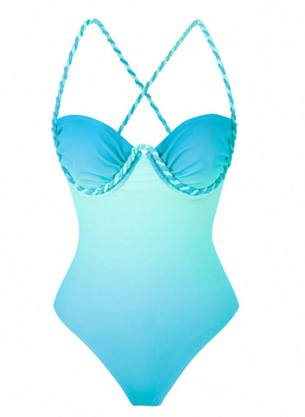 Light Blue Ombre One Piece Swimsuit With Sarong