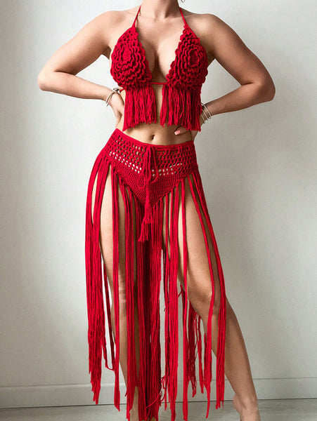 Red Solid Crochet Tassel Halter Top With High Waisted Skirt